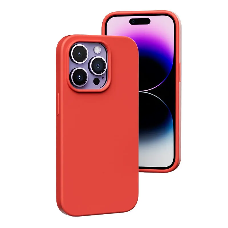 Liquid silicone magnetic phone case protector in black for iPhone 14 series with MagSafe ring