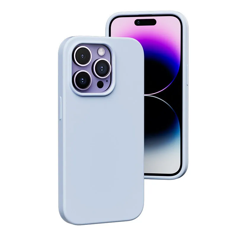 Liquid silicone magnetic phone case protector in black for iPhone 14 series with MagSafe ring