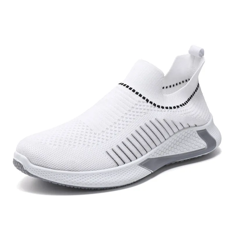 Men's black and white striped mesh slip-on sneakers with flyknit upper and low-cut profile.