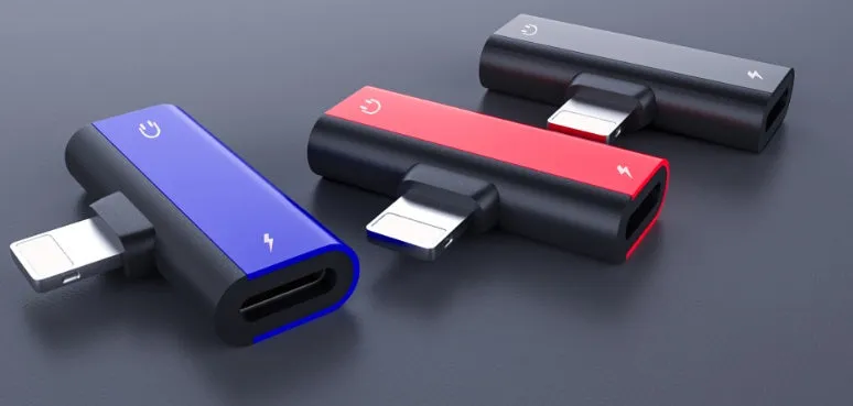 Dual Lightning audio converter adapter in aluminium alloy casing 2.9cm length 9mm thickness black version