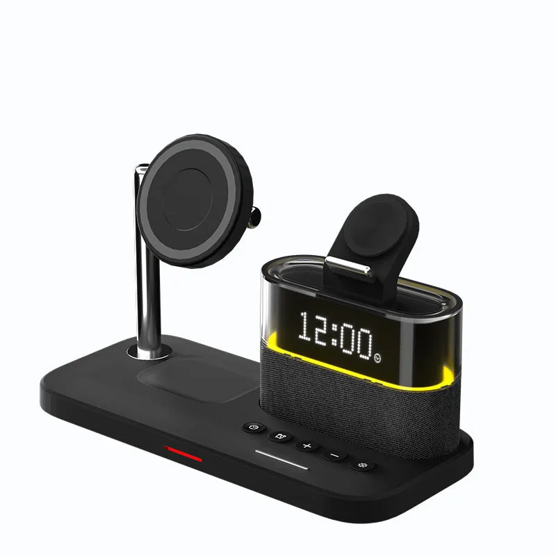 C09 Black three-in-one magnetic night lamp wireless charger with alarm clock on a table