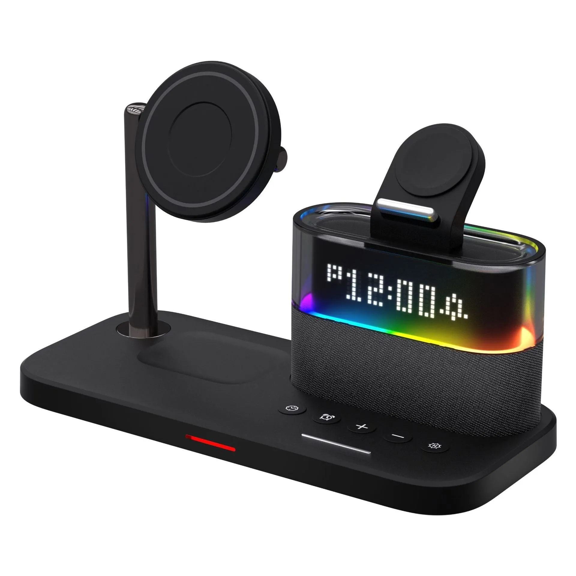 C09 Black three-in-one magnetic night lamp wireless charger with alarm clock on a table