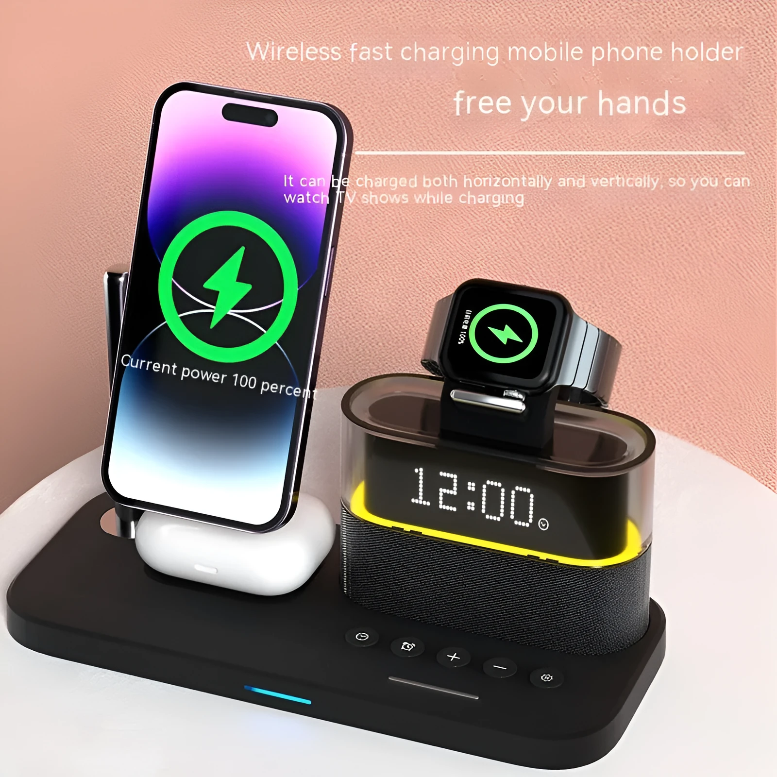 C09 Black three-in-one magnetic night lamp wireless charger with alarm clock on a table