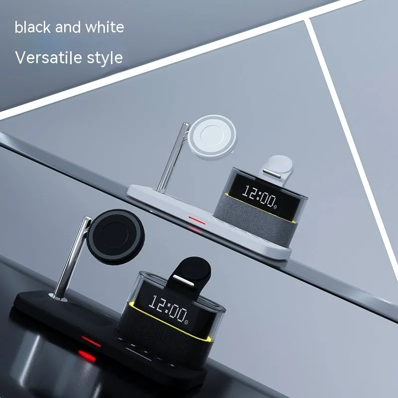 C09 Black three-in-one magnetic night lamp wireless charger with alarm clock on a table