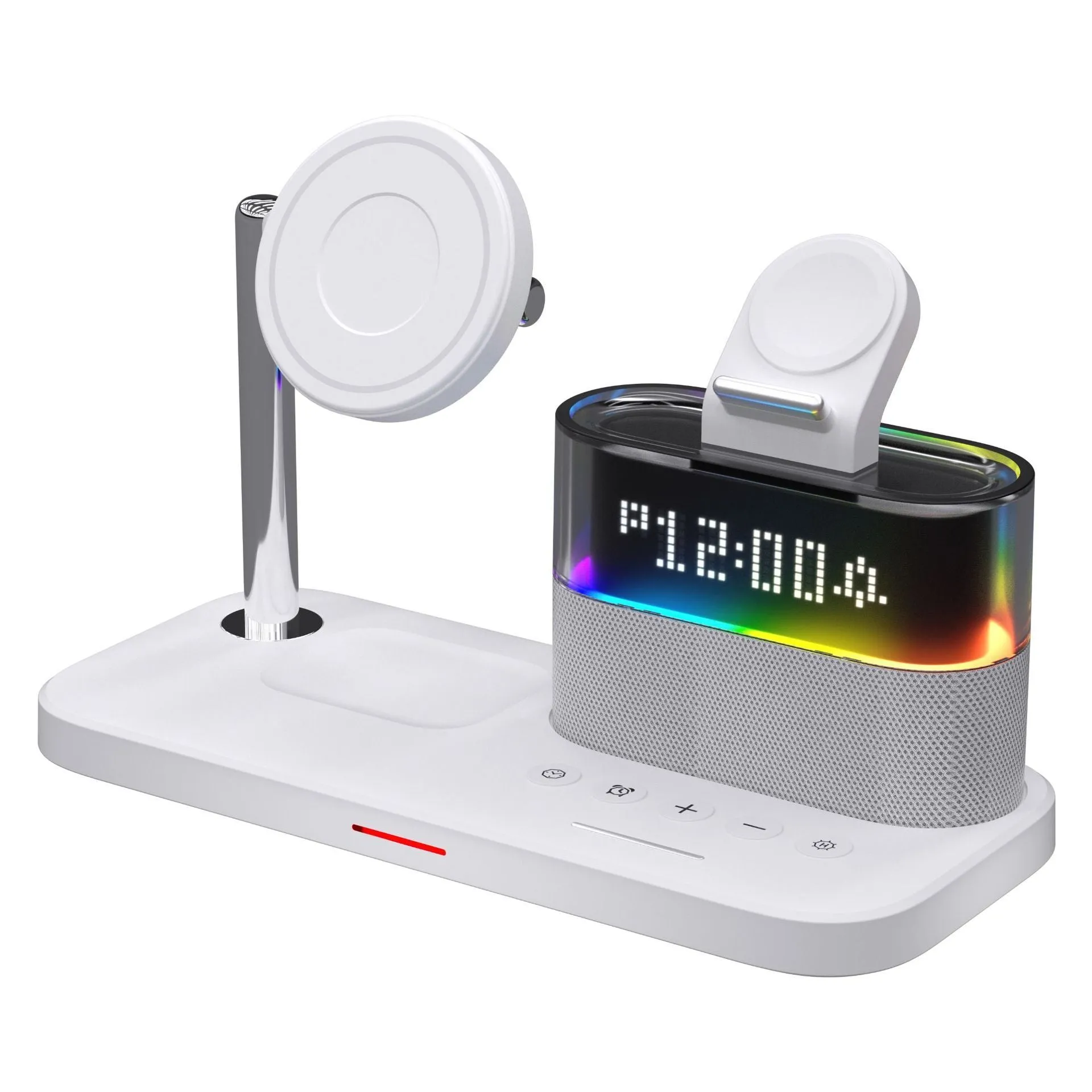 C09 Black three-in-one magnetic night lamp wireless charger with alarm clock on a table