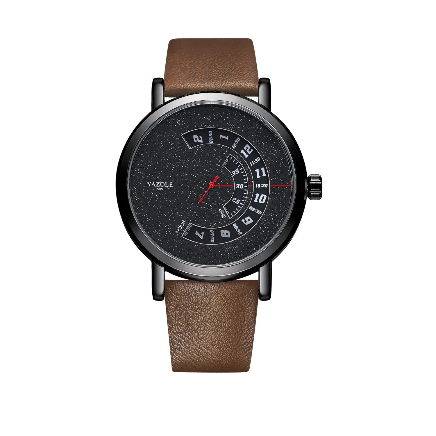 Men's turntable dial watch with metal case, analogue and digital display, and pin buckle strap