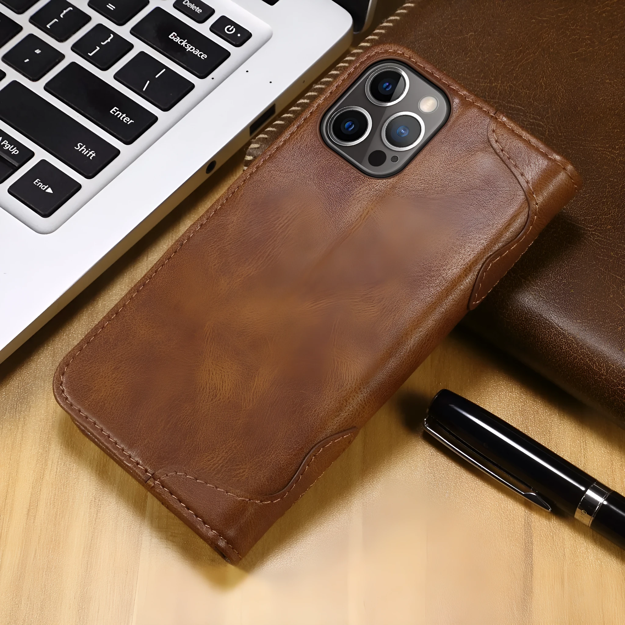 Flip PU leather wallet phone case for iPhone 13 and 12 series in black brown red blue with card slots