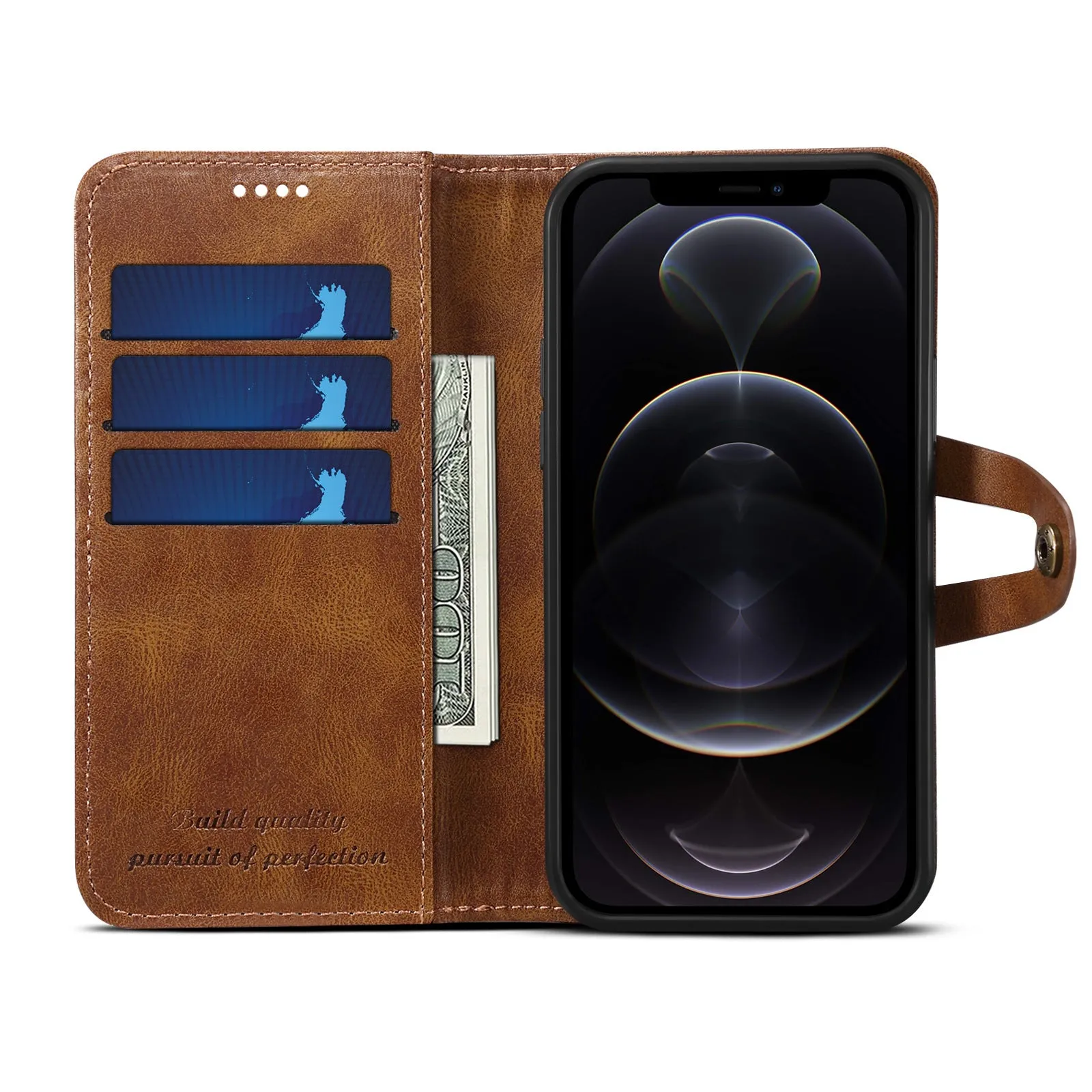 Flip PU leather wallet phone case for iPhone 13 and 12 series in black brown red blue with card slots
