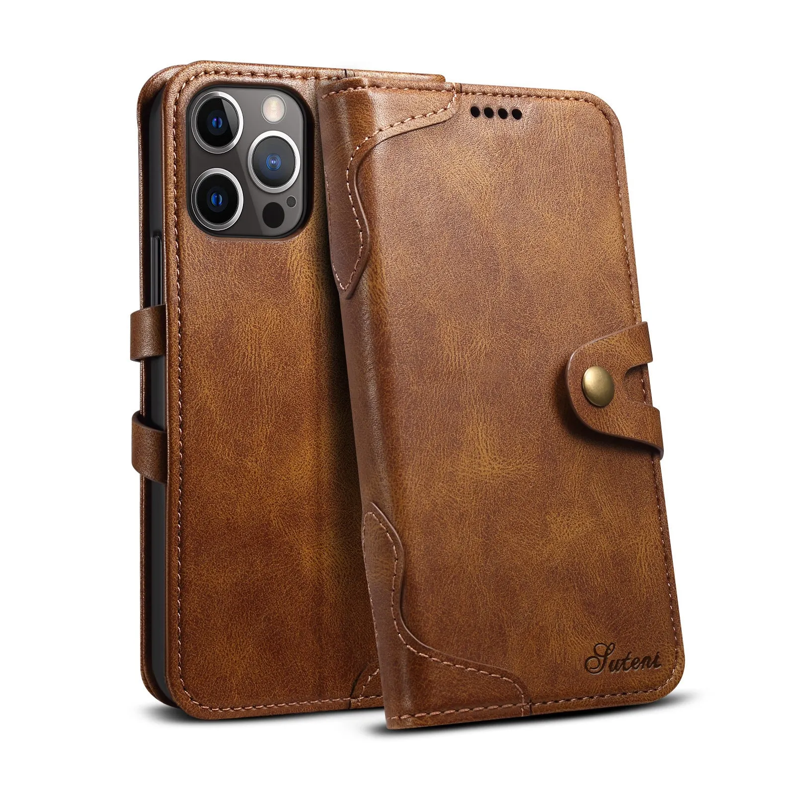 Flip PU leather wallet phone case for iPhone 13 and 12 series in black brown red blue with card slots