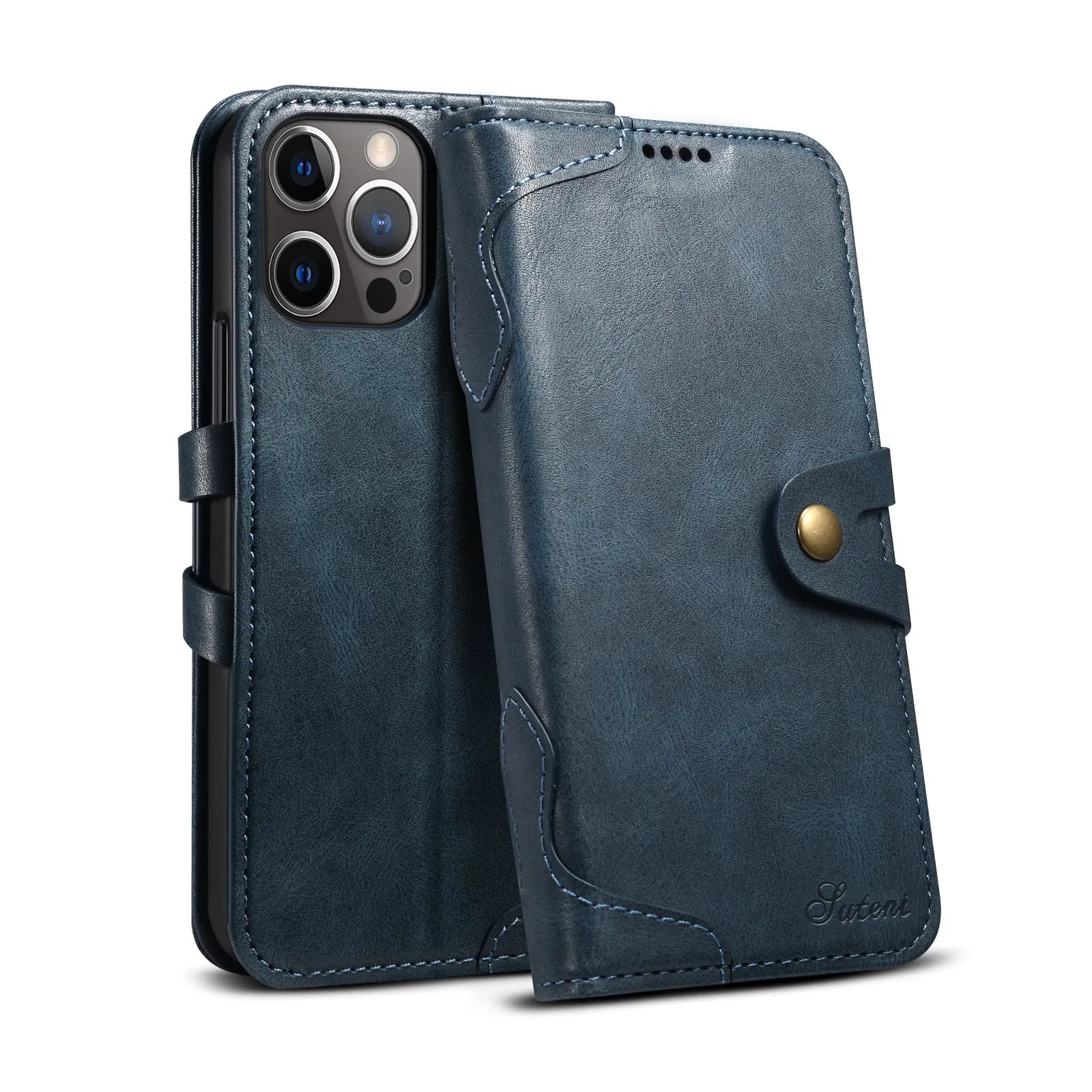 Flip PU leather wallet phone case for iPhone 13 and 12 series in black brown red blue with card slots