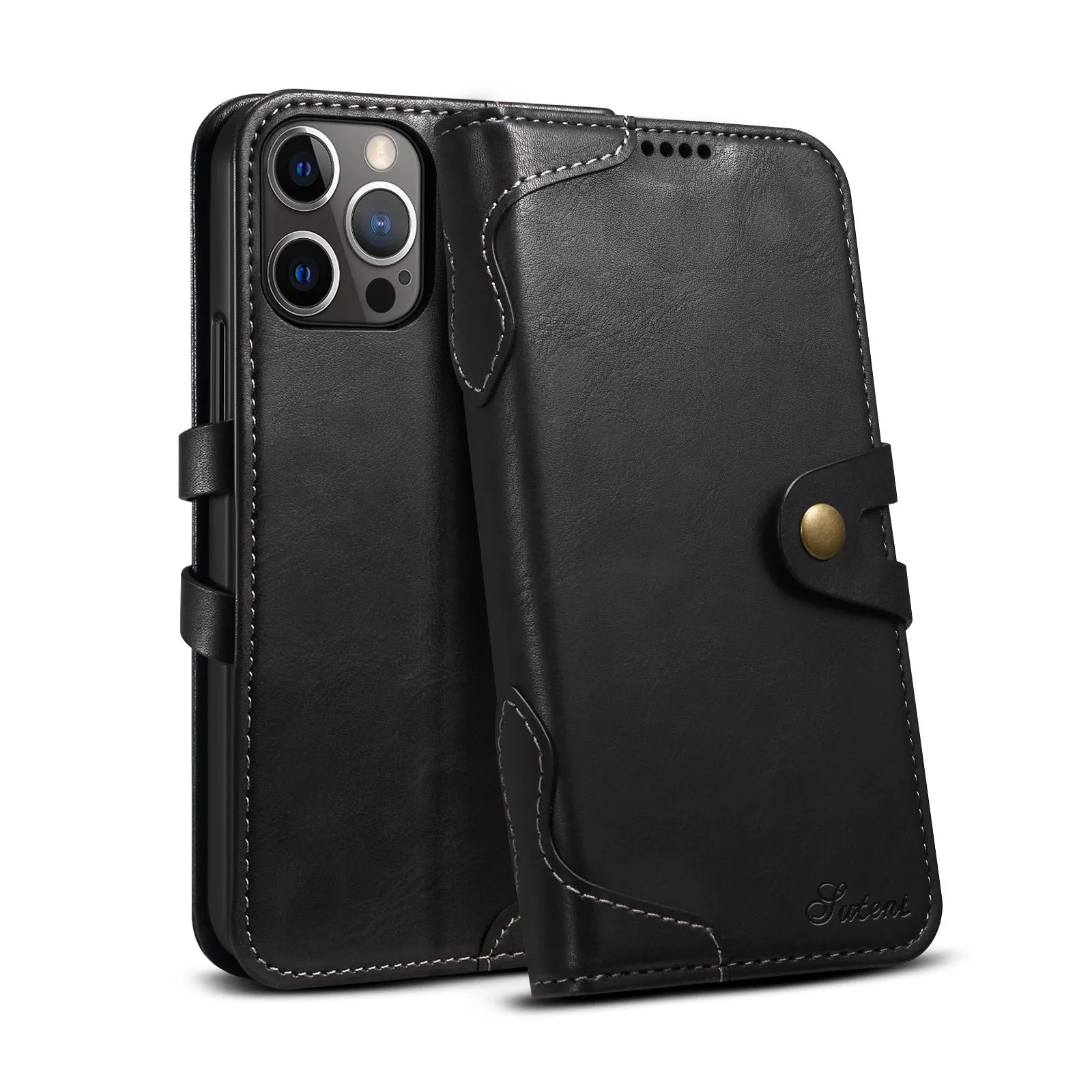 Flip PU leather wallet phone case for iPhone 13 and 12 series in black brown red blue with card slots