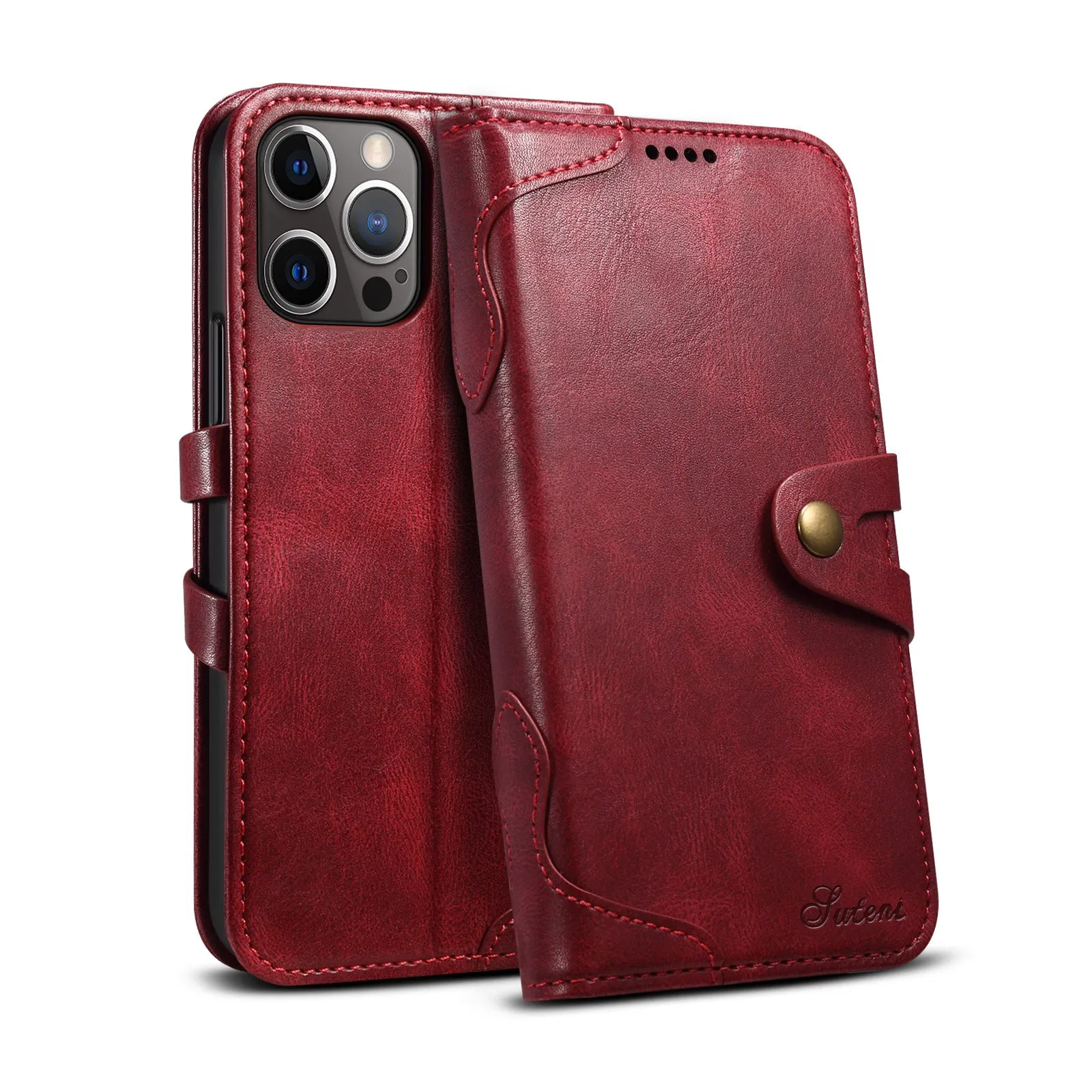 Flip PU leather wallet phone case for iPhone 13 and 12 series in black brown red blue with card slots