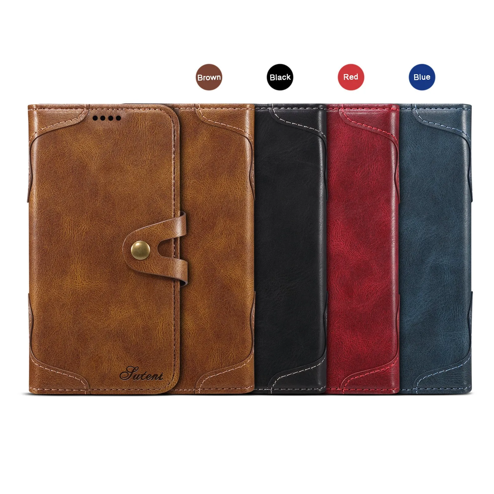 Flip PU leather wallet phone case for iPhone 13 and 12 series in black brown red blue with card slots