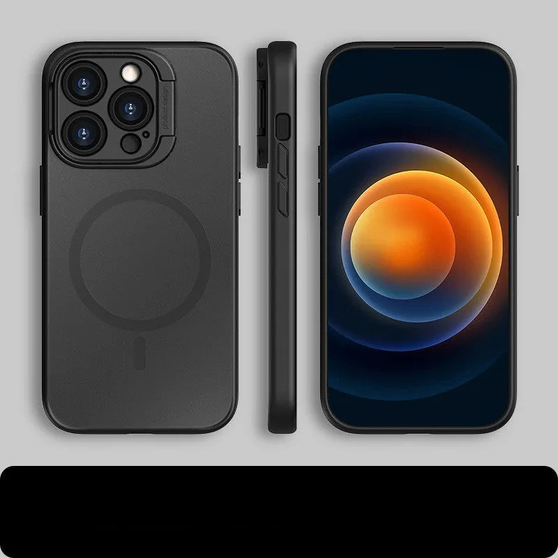 Frosted TPU+PC phone case with invisible bracket and magnetic suction for iPhone 13 14 series, in black colour