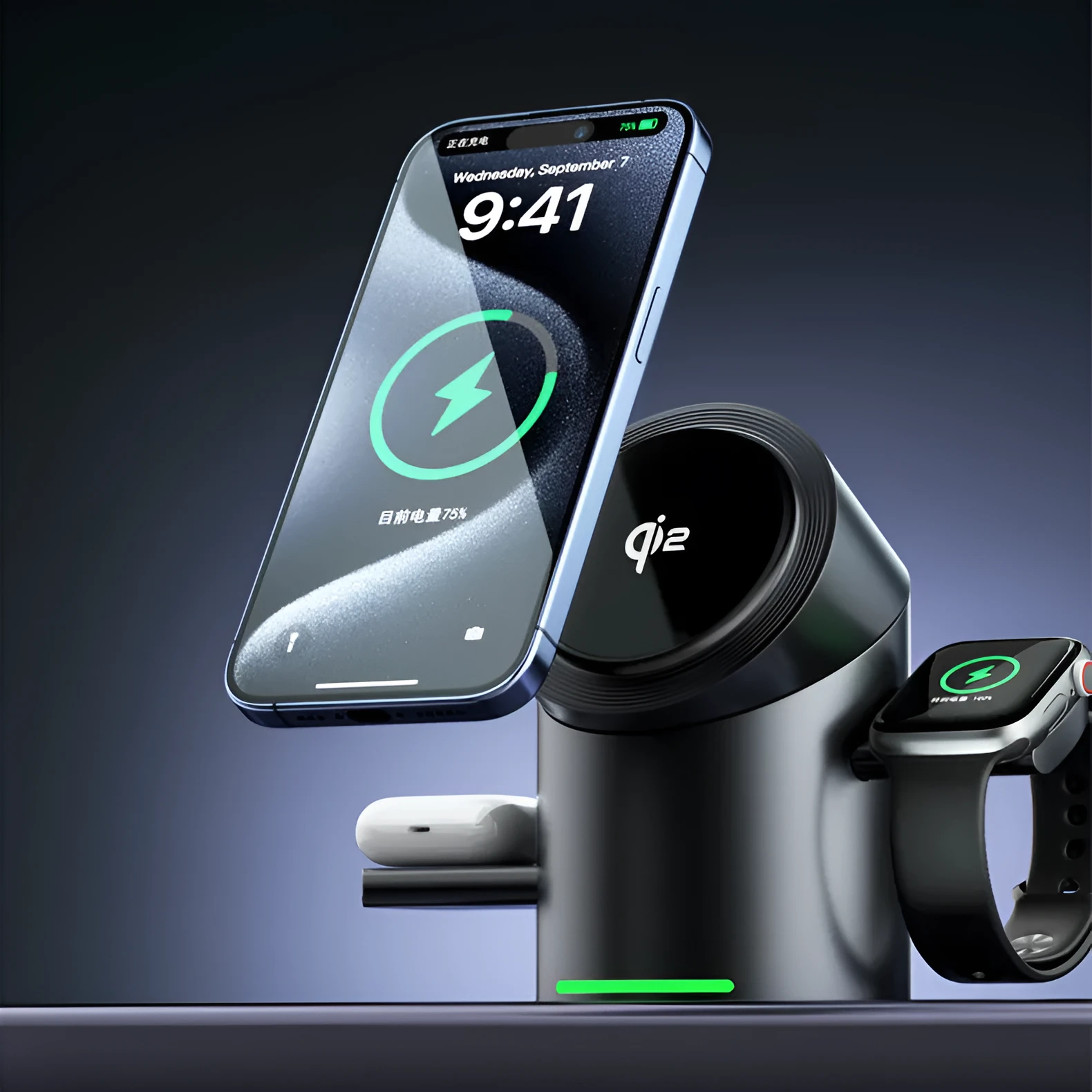 Three-in-one magnetic wireless charger stand in dark grey charging a phone, earphones, and Apple Watch