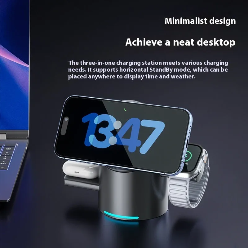 Three-in-one magnetic wireless charger stand in dark grey charging a phone, earphones, and Apple Watch