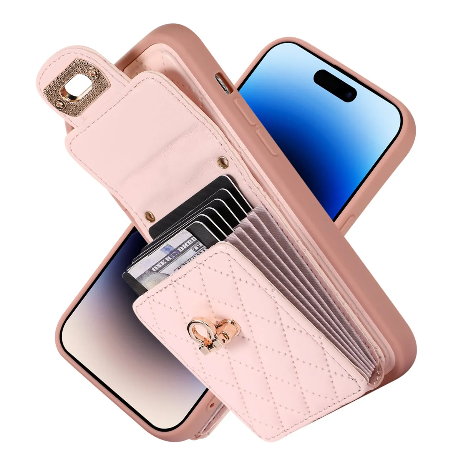 Black PU TPU back cover phone case with card holder slot and long lanyard for iPhone