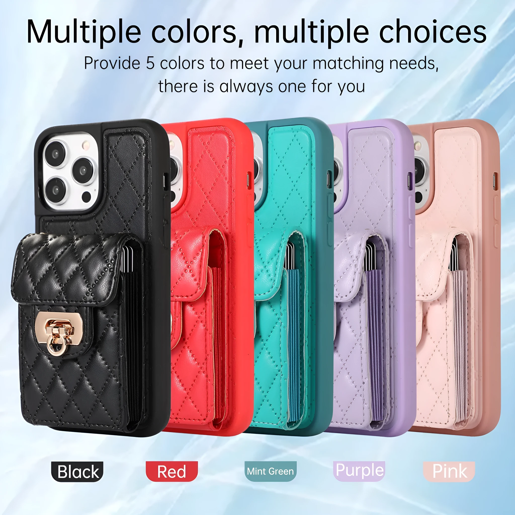 Black PU TPU back cover phone case with card holder slot and long lanyard for iPhone