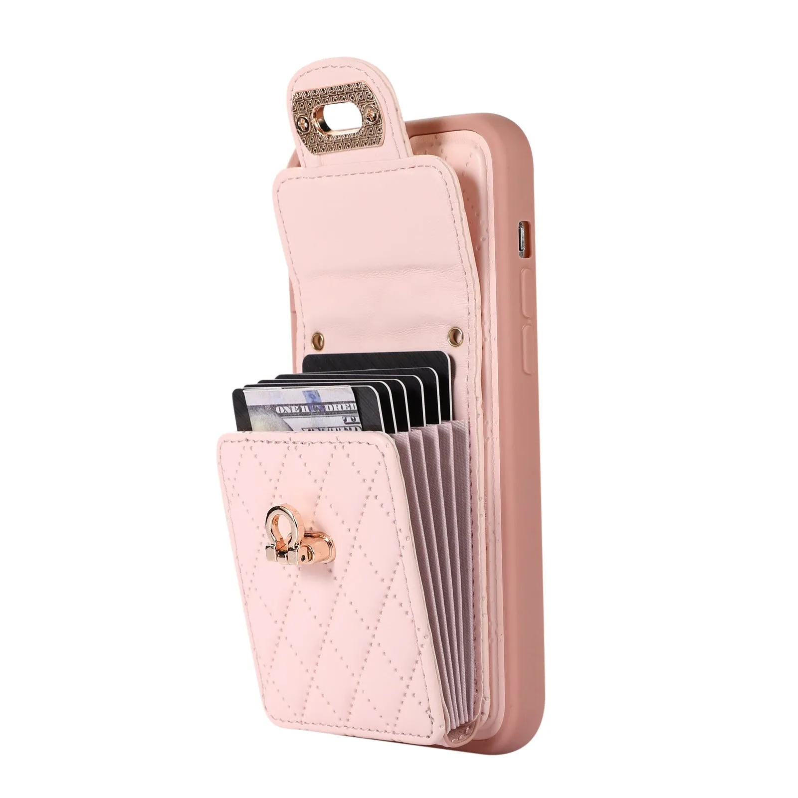 Black PU TPU back cover phone case with card holder slot and long lanyard for iPhone