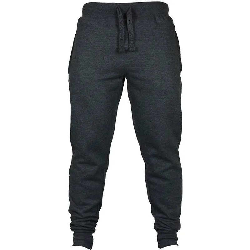 Men's solid colour fleece casual pants with drawstring waist and pencil pant silhouette