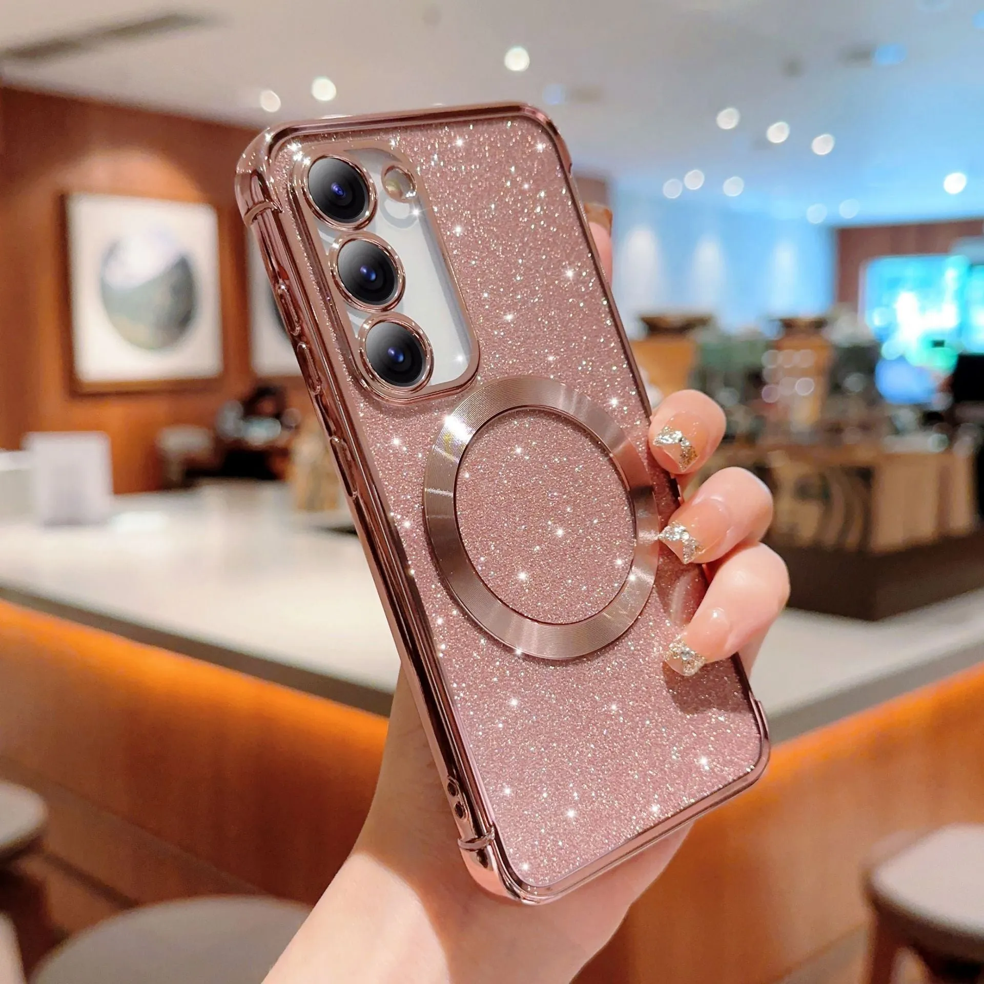 Transparent pink electroplated TPU magnetic phone case for Samsung Galaxy S23 with reflective surface
