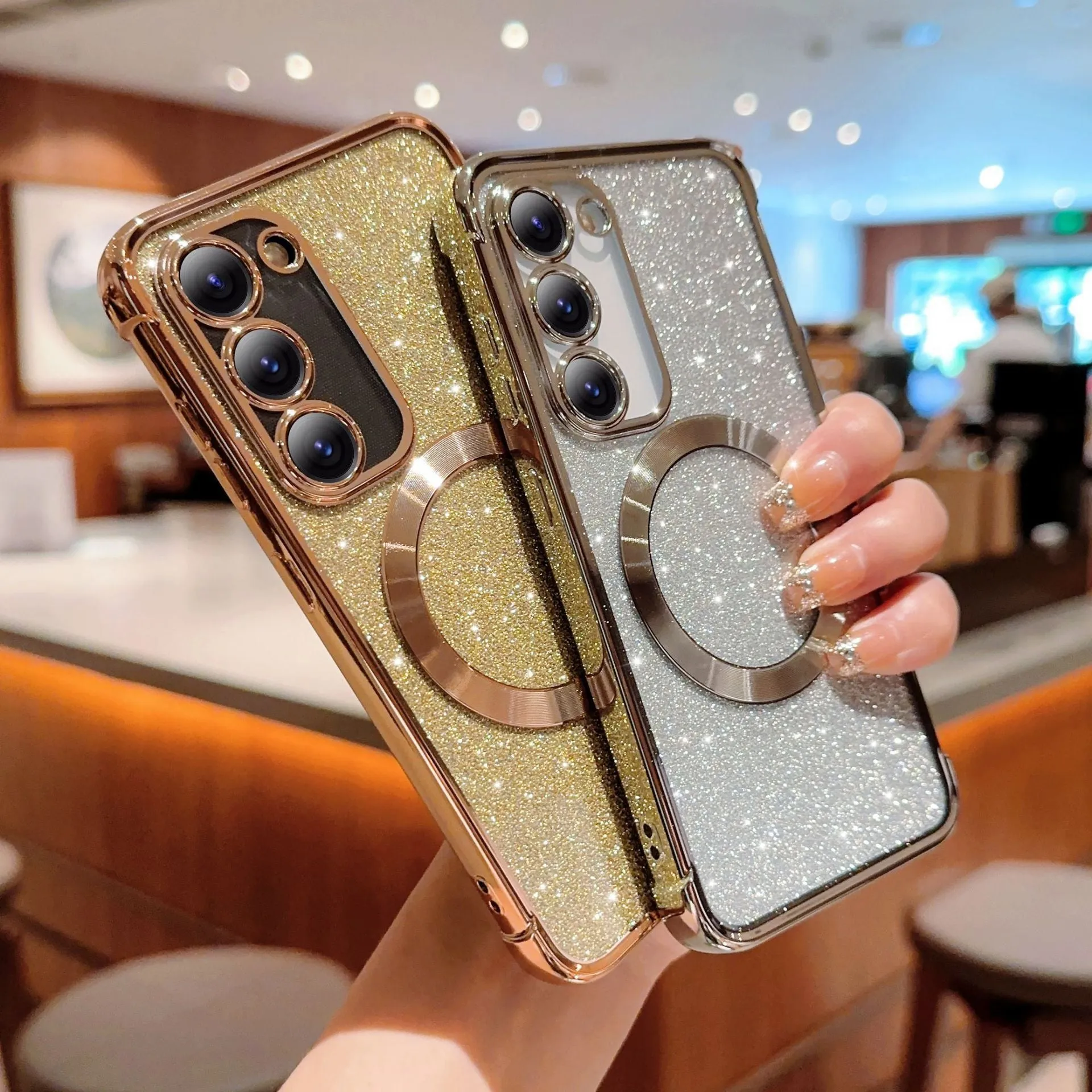 Transparent pink electroplated TPU magnetic phone case for Samsung Galaxy S23 with reflective surface