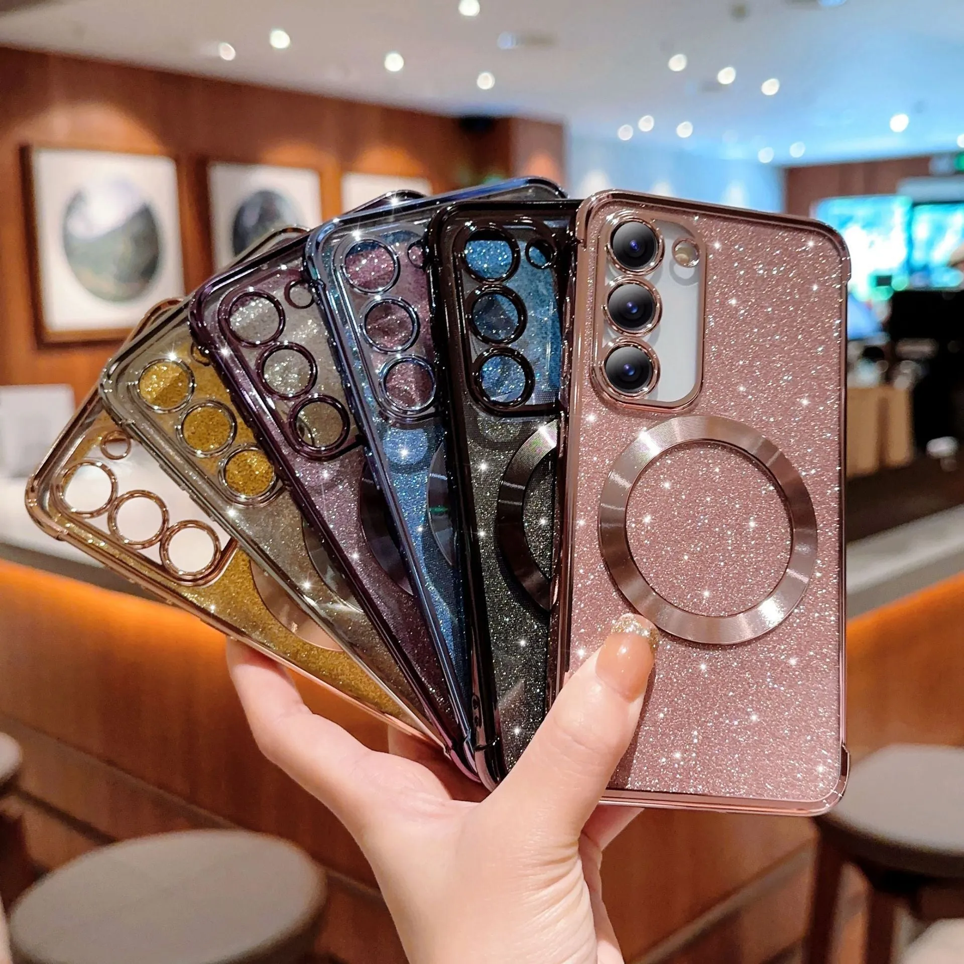 Transparent pink electroplated TPU magnetic phone case for Samsung Galaxy S23 with reflective surface