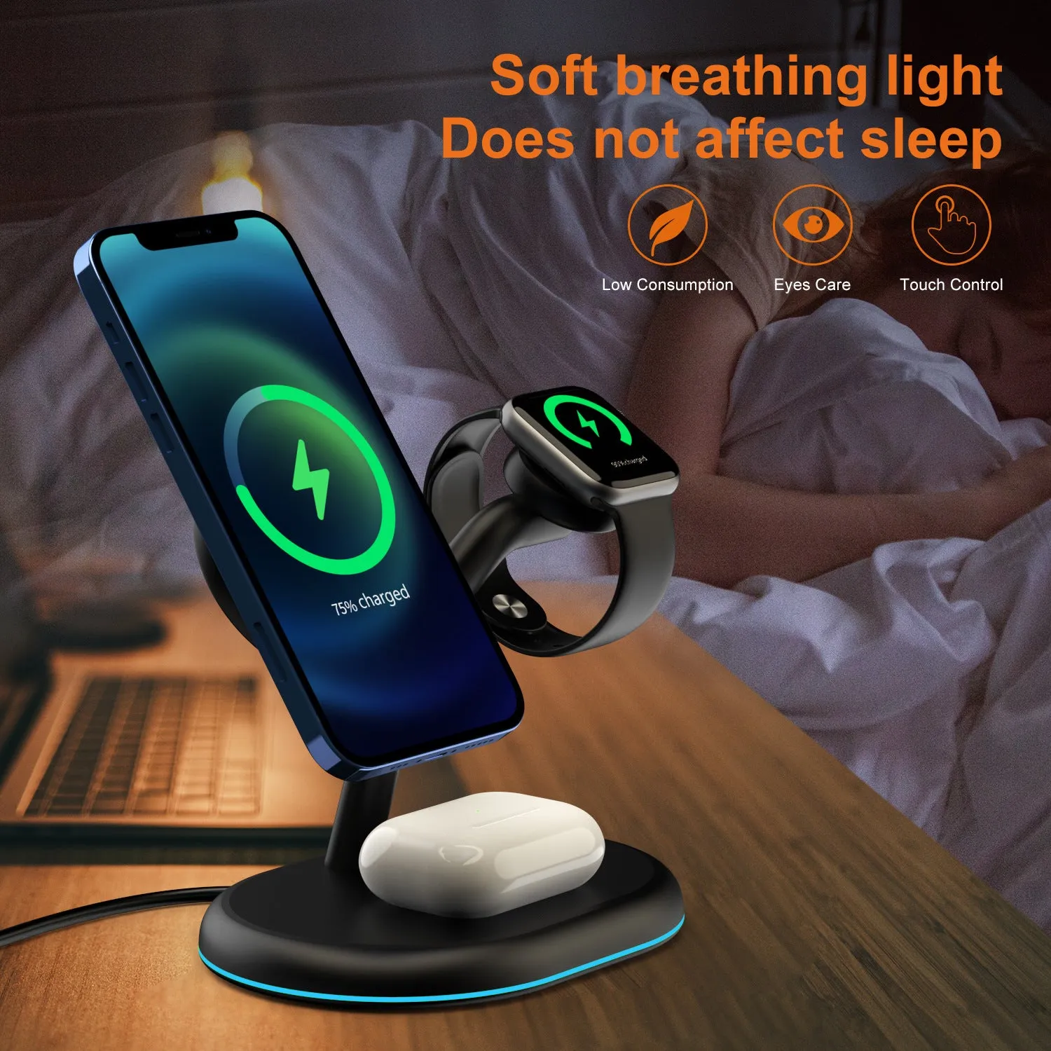 Black three-in-one magnetic wireless charger on a surface