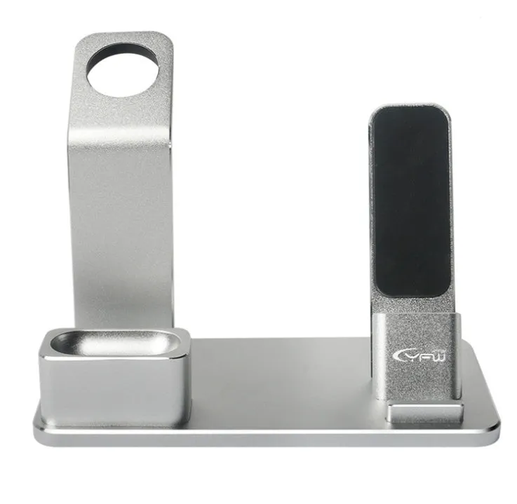 Three-in-one aluminium alloy charging bracket for Apple Watch iPhone AirPods on desk with non-slip base