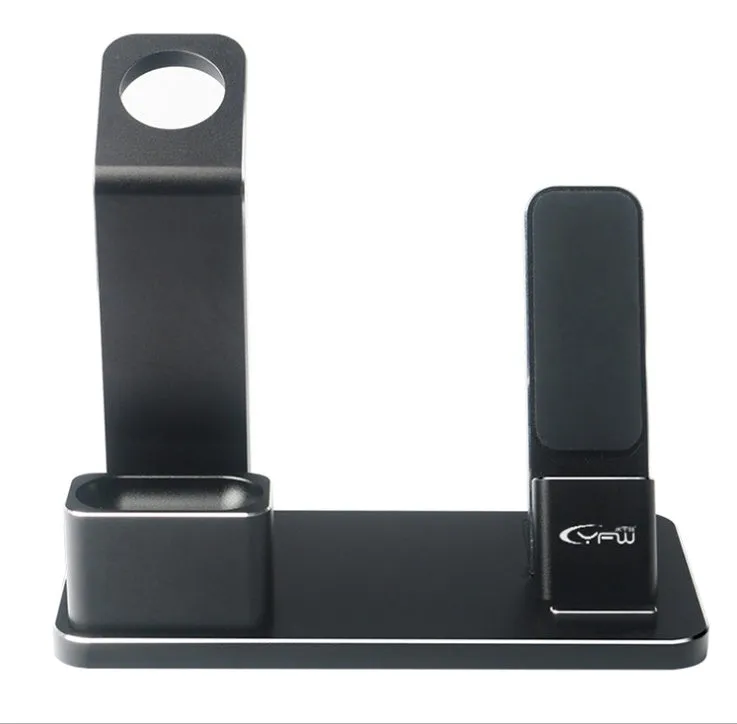 Three-in-one aluminium alloy charging bracket for Apple Watch iPhone AirPods on desk with non-slip base