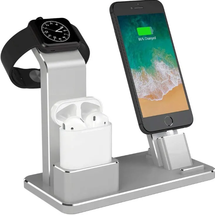 Three-in-one aluminium alloy charging bracket for Apple Watch iPhone AirPods on desk with non-slip base