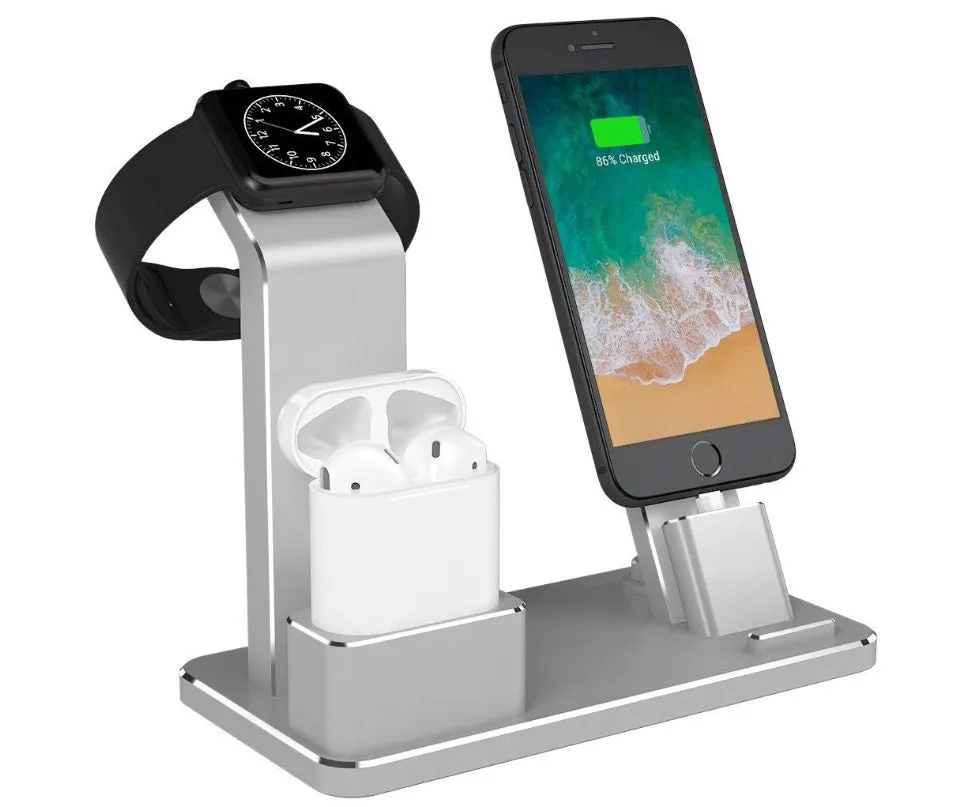 Three-in-one aluminium alloy charging bracket for Apple Watch iPhone AirPods on desk with non-slip base