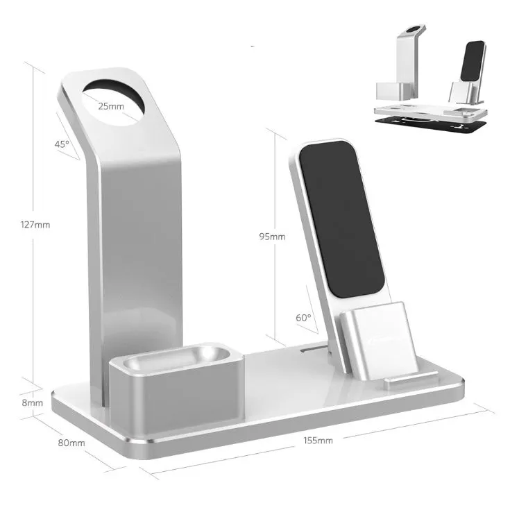 Three-in-one aluminium alloy charging bracket for Apple Watch iPhone AirPods on desk with non-slip base