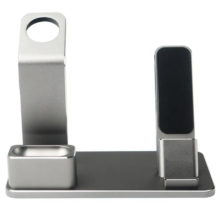 Three-in-one aluminium alloy charging bracket for Apple Watch iPhone AirPods on desk with non-slip base