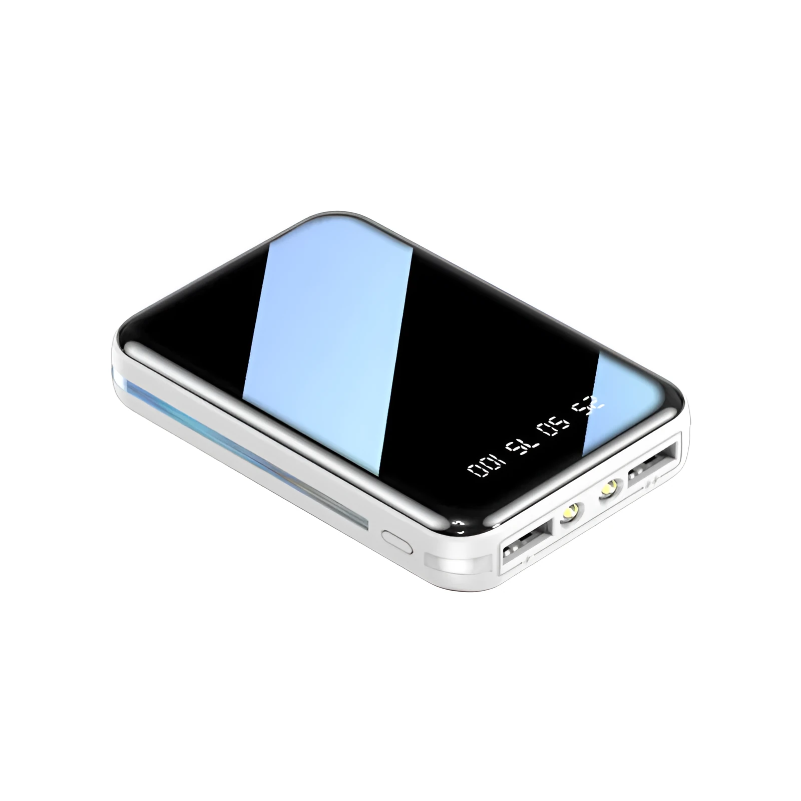 Compact power bank with digital display showing battery percentage and dual USB ports for device charging