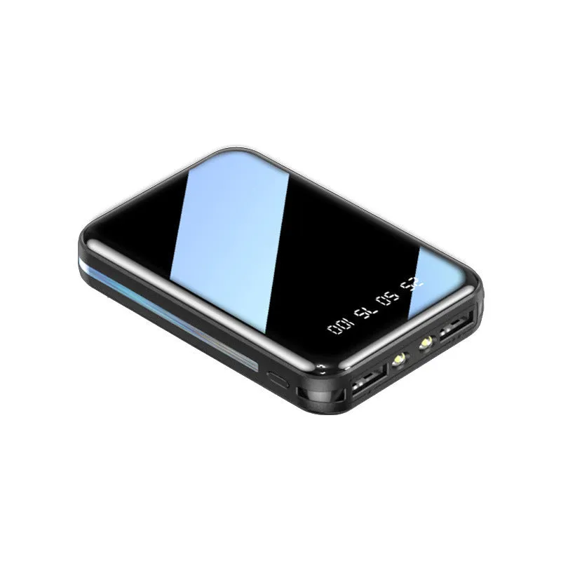 Compact power bank with digital display showing battery percentage and dual USB ports for device charging
