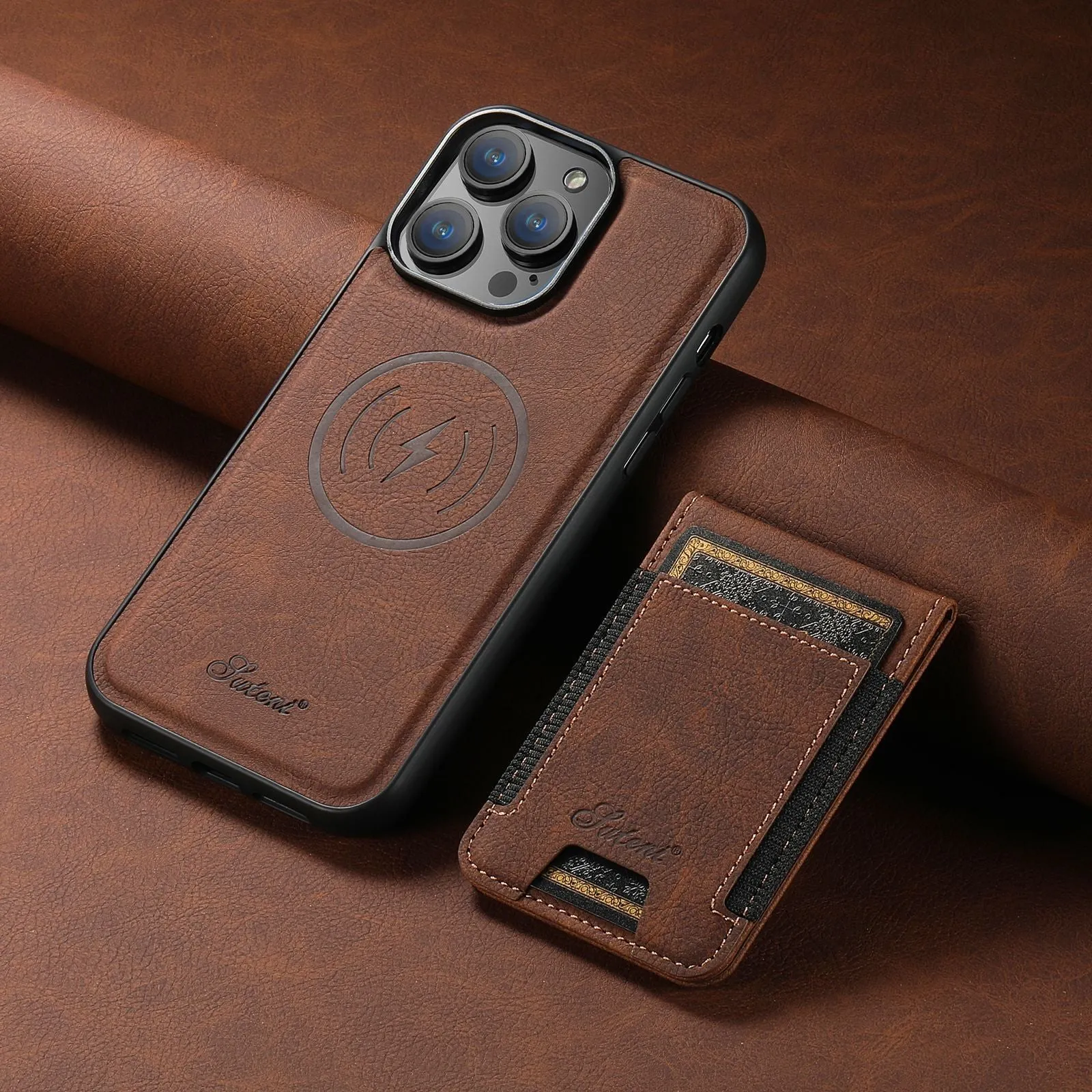 Handmade PU TPU plug-in card phone case with bracket and magnetic suction in lychee black finish