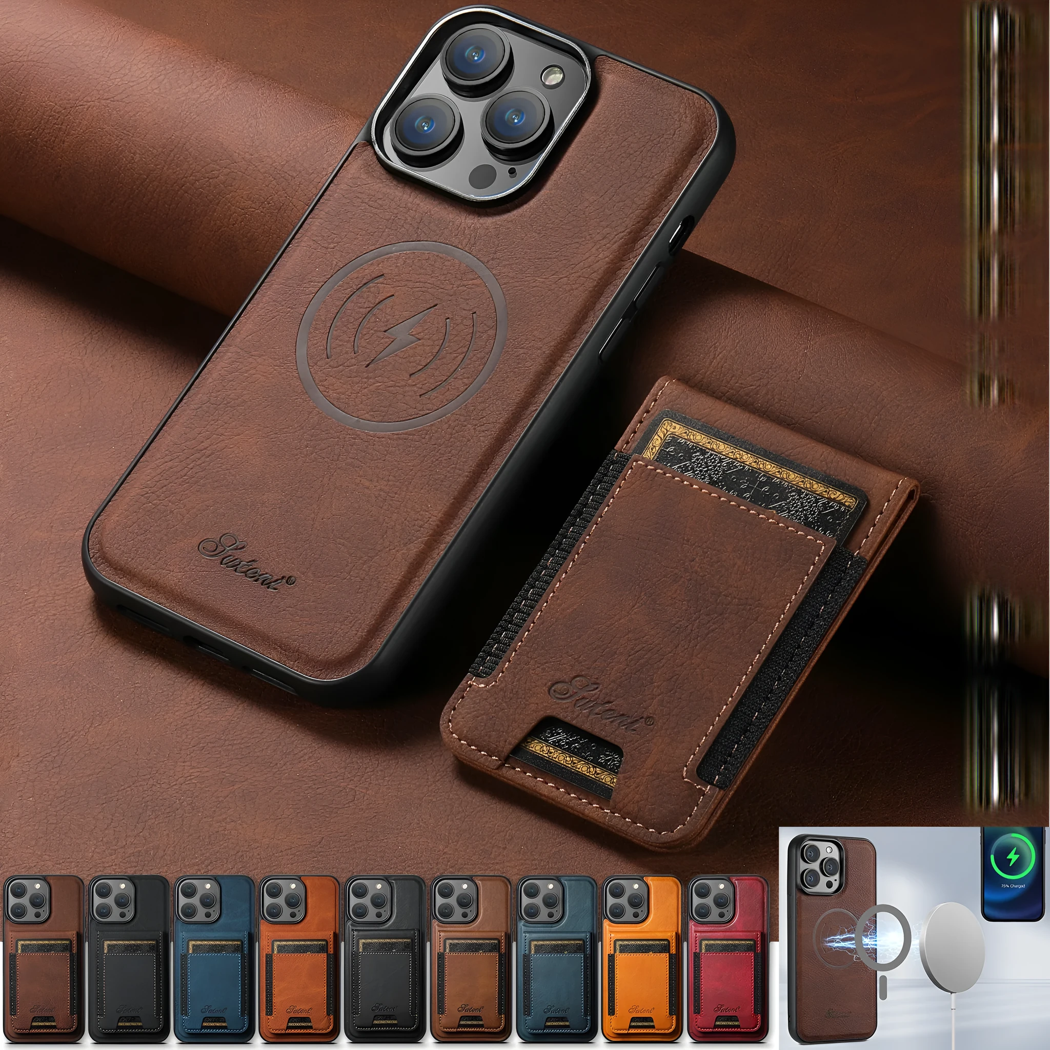 Handmade PU TPU plug-in card phone case with bracket and magnetic suction in lychee black finish