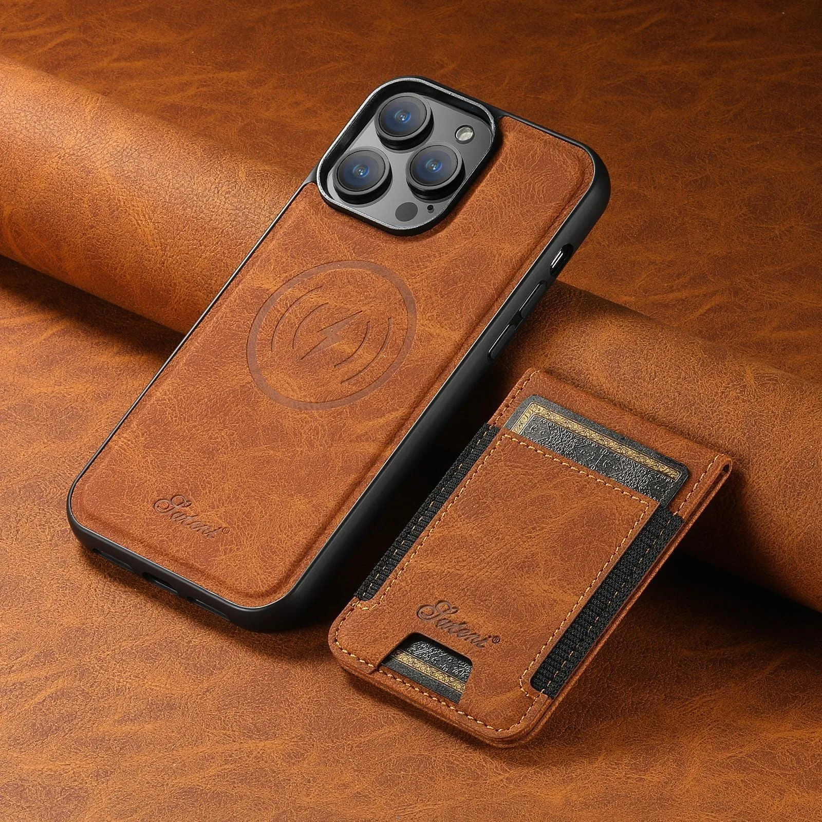Handmade PU TPU plug-in card phone case with bracket and magnetic suction in lychee black finish