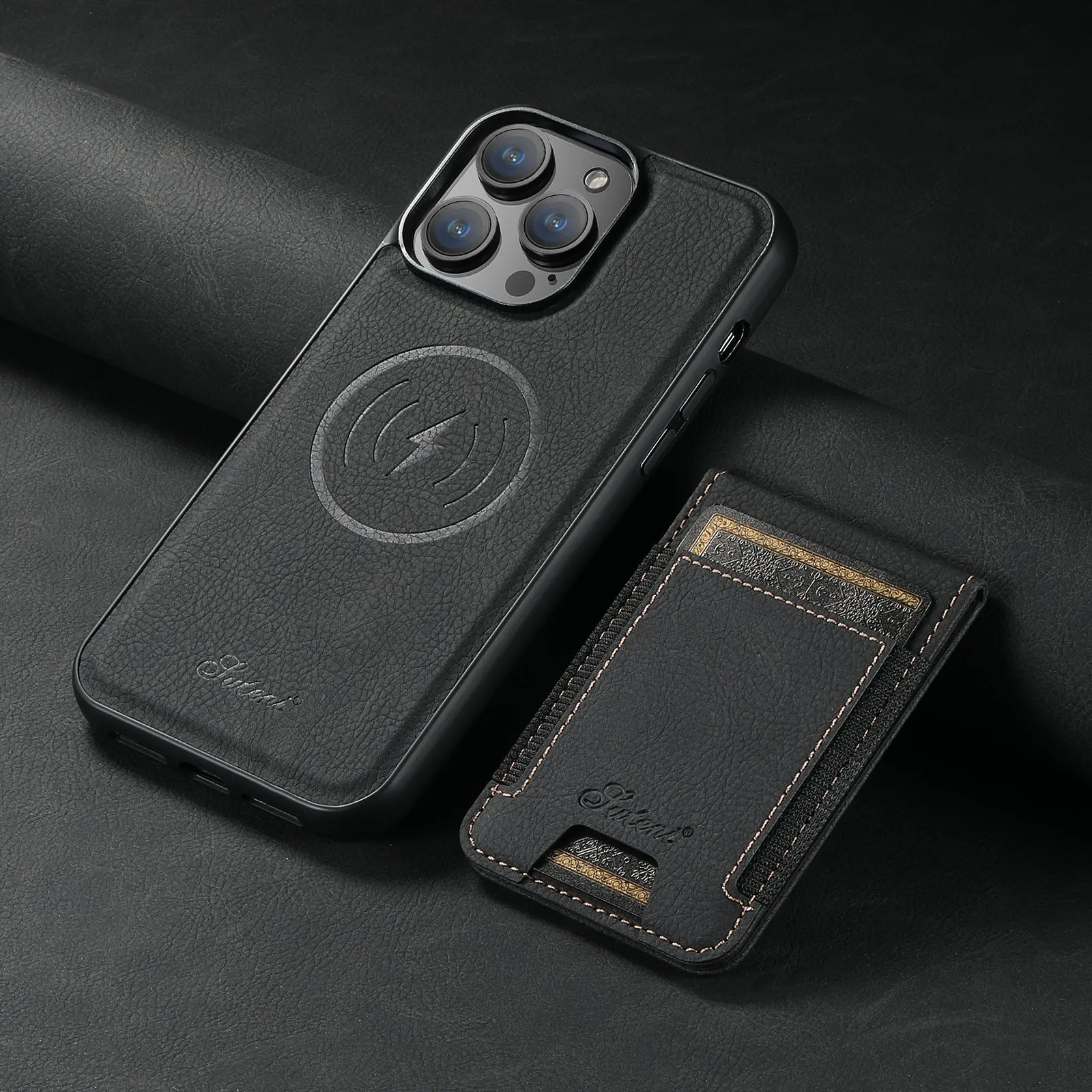 Handmade PU TPU plug-in card phone case with bracket and magnetic suction in lychee black finish