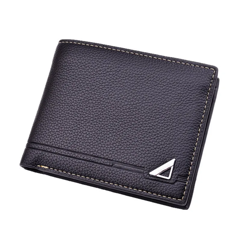 Men's short soft lychee pattern polyurethane leather wallet with multiple card slots and coin bag in black