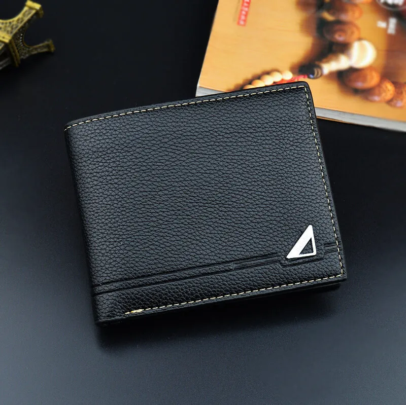 Men's short soft lychee pattern polyurethane leather wallet with multiple card slots and coin bag in black