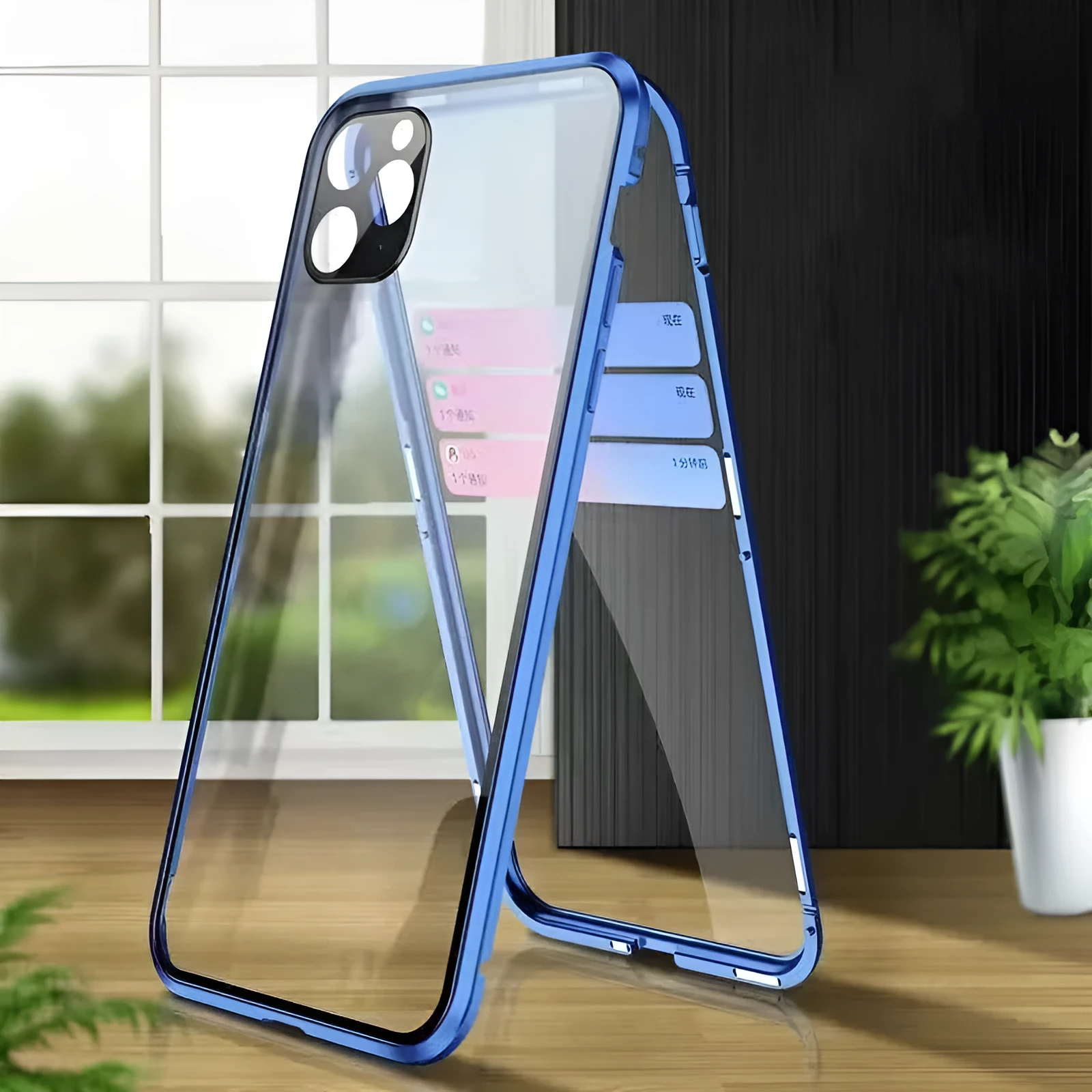 Double-sided tempered glass magnetic phone case with metal frame in black for iPhone 11