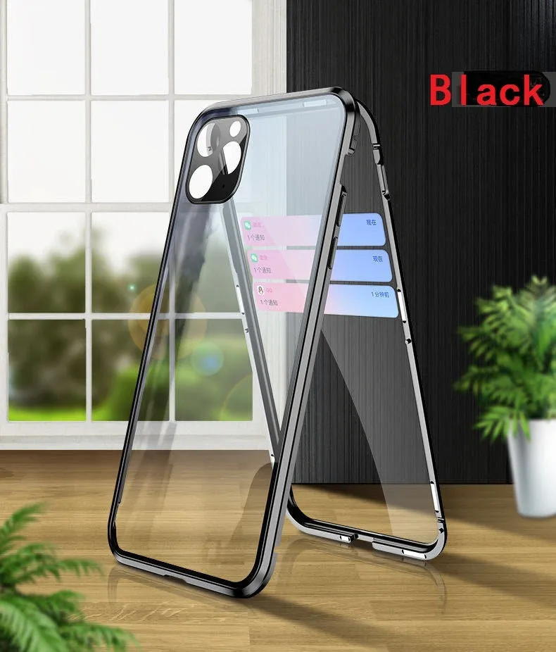Double-sided tempered glass magnetic phone case with metal frame in black for iPhone 11