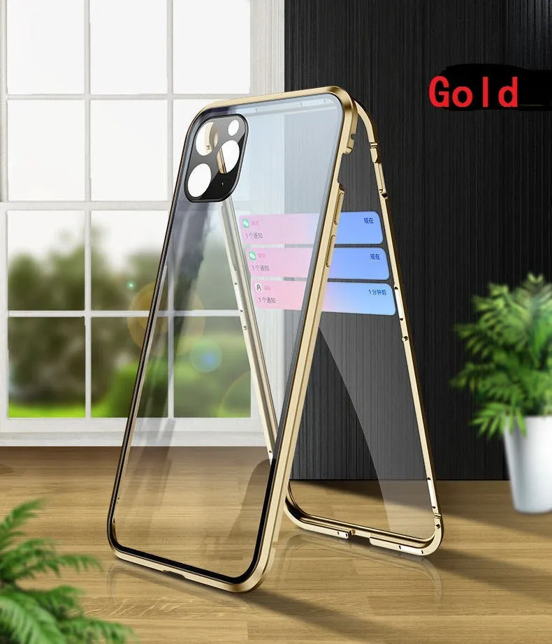 Double-sided tempered glass magnetic phone case with metal frame in black for iPhone 11