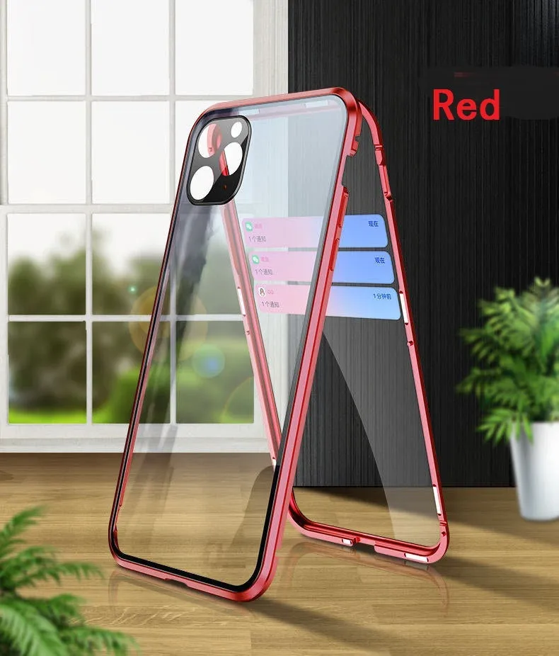 Double-sided tempered glass magnetic phone case with metal frame in black for iPhone 11