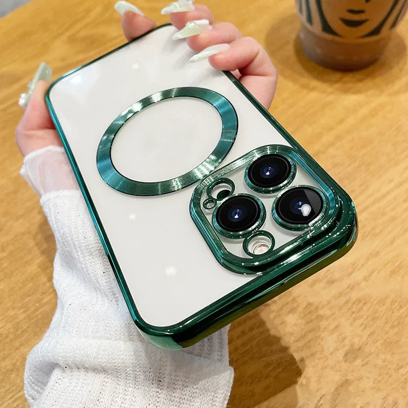 Transparent magnetic silicone phone case for iPhone 13 in black, showing full back coverage and MagSafe ring