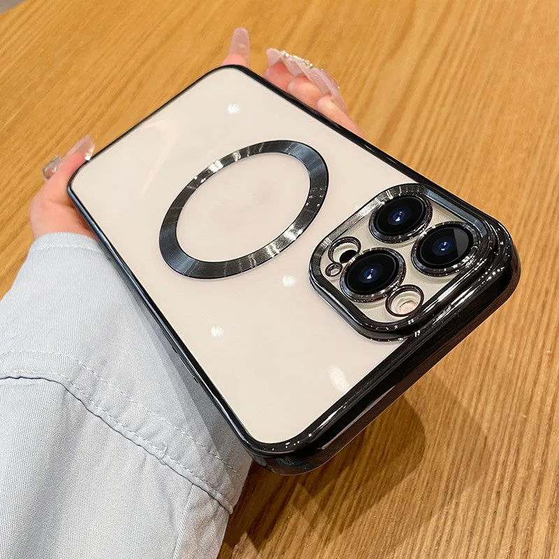 Transparent magnetic silicone phone case for iPhone 13 in black, showing full back coverage and MagSafe ring