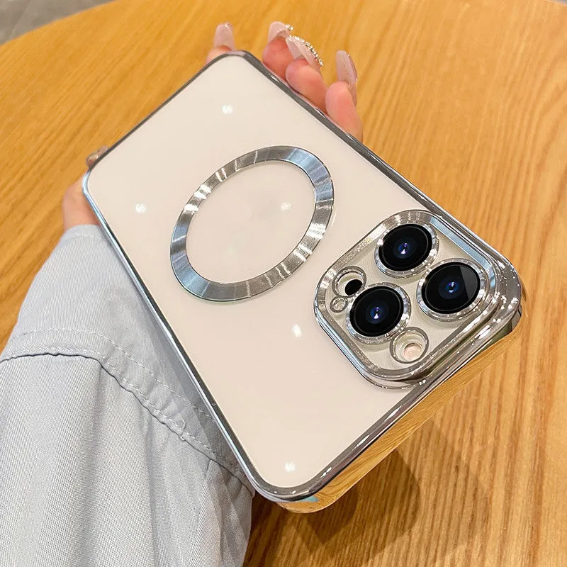 Transparent magnetic silicone phone case for iPhone 13 in black, showing full back coverage and MagSafe ring