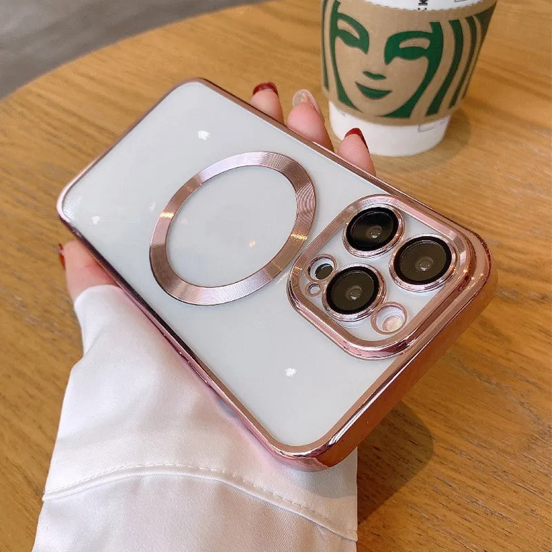 Transparent magnetic silicone phone case for iPhone 13 in black, showing full back coverage and MagSafe ring